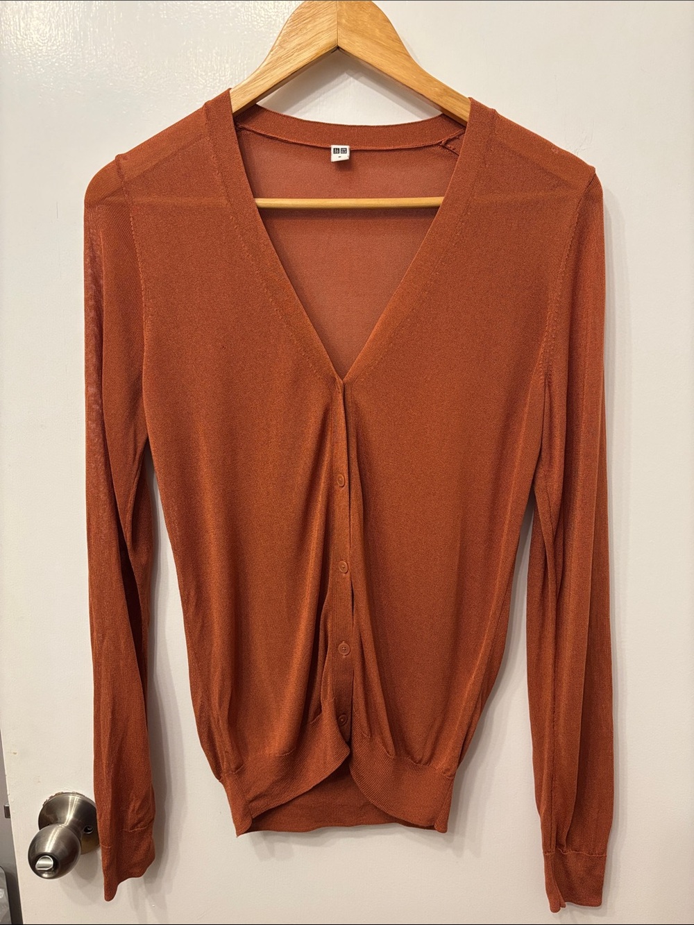 Uniqlo Sheer Rust Button-Front V-Neck Long Sleeve Cardigan